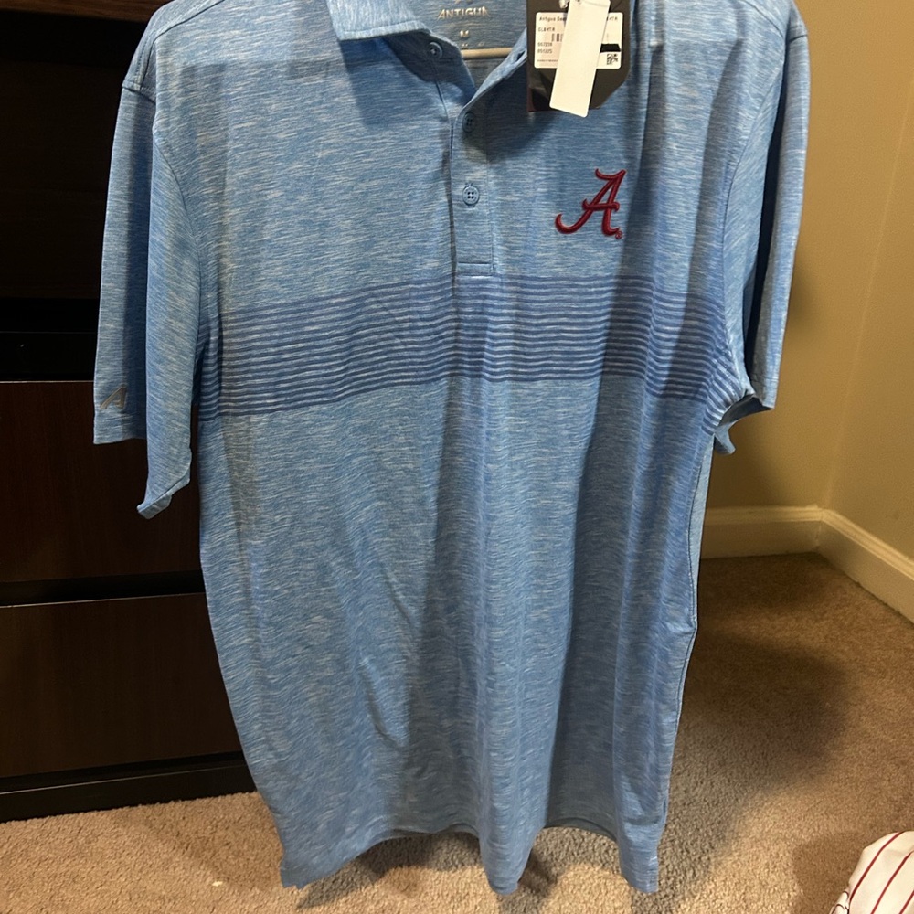 Antigua Light Blue Alabama Polo with Red Script 'A'